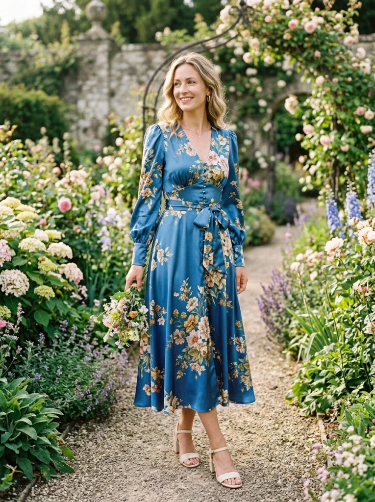 Long Sleeve Blue Floral Sat Dress