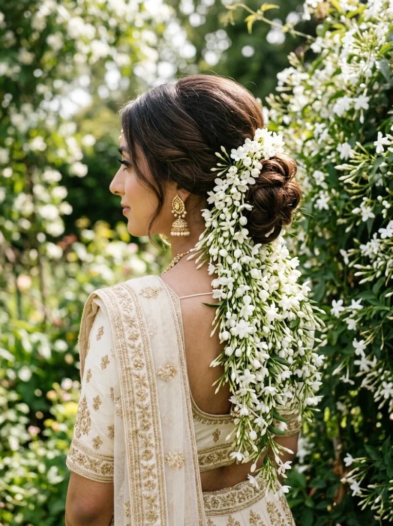 Low Bun with a Waterfall of Jasmine Flowers