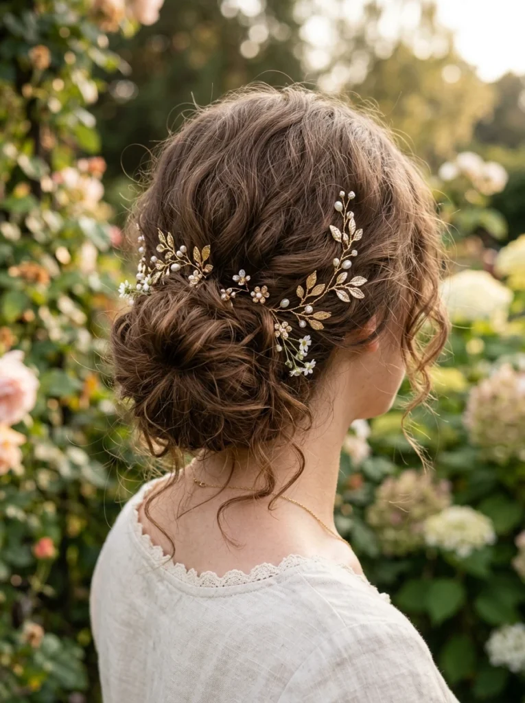 Low Messy Bun with Vine Pins
