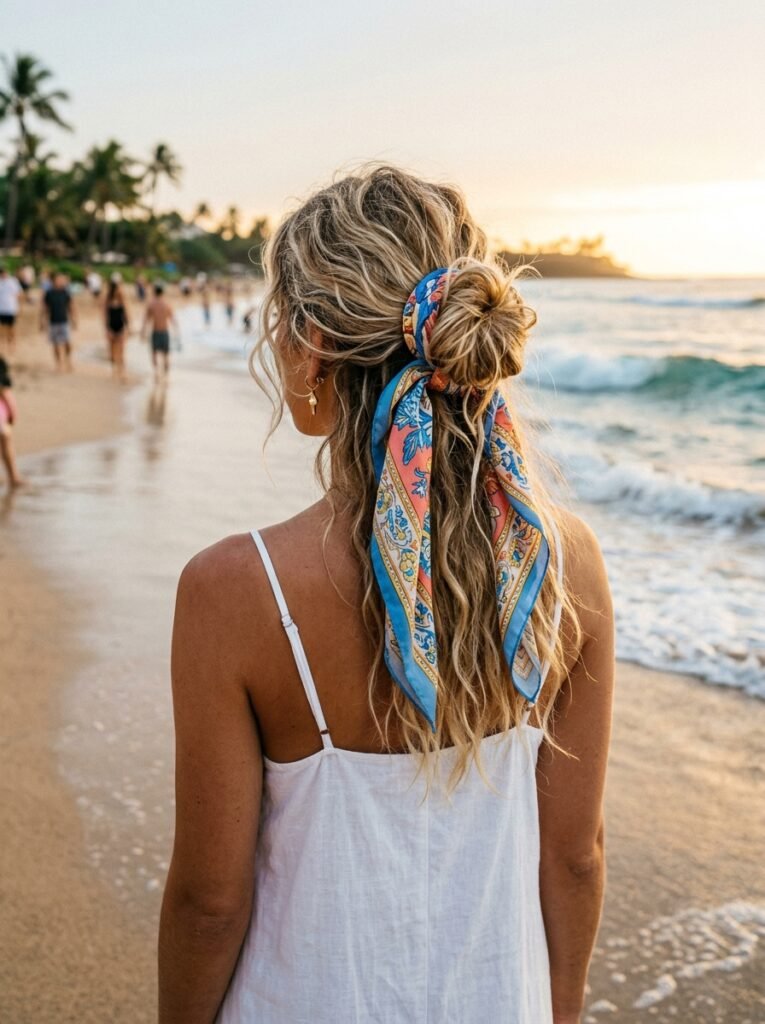 Messy Beach Bun with Scarf Beach Hairstyle