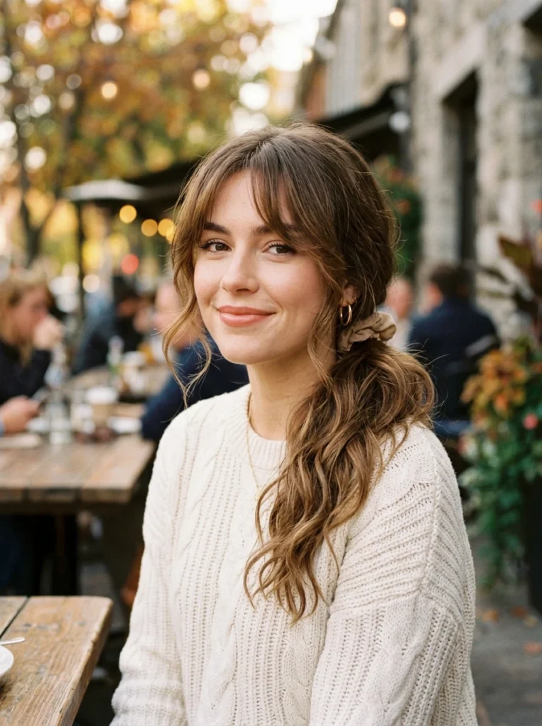 Messy Low Ponytail with Soft Curtain Bangs