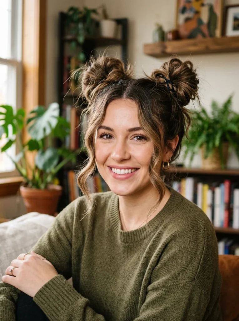 Messy Space Buns with Face-Framing Pieces