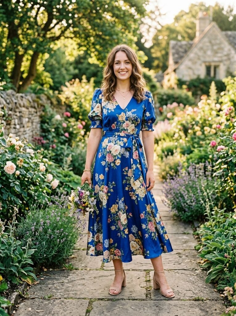 Midi Length Blue Floral Sat Dress