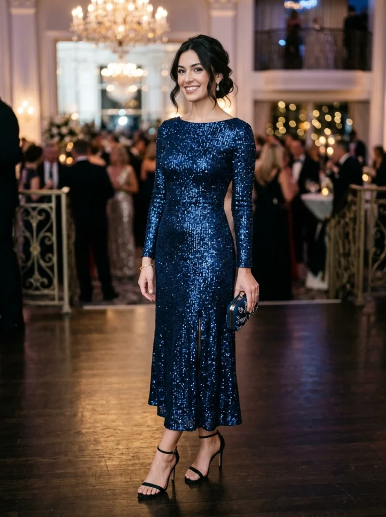 Midnight Blue Sequin Midi Dress
