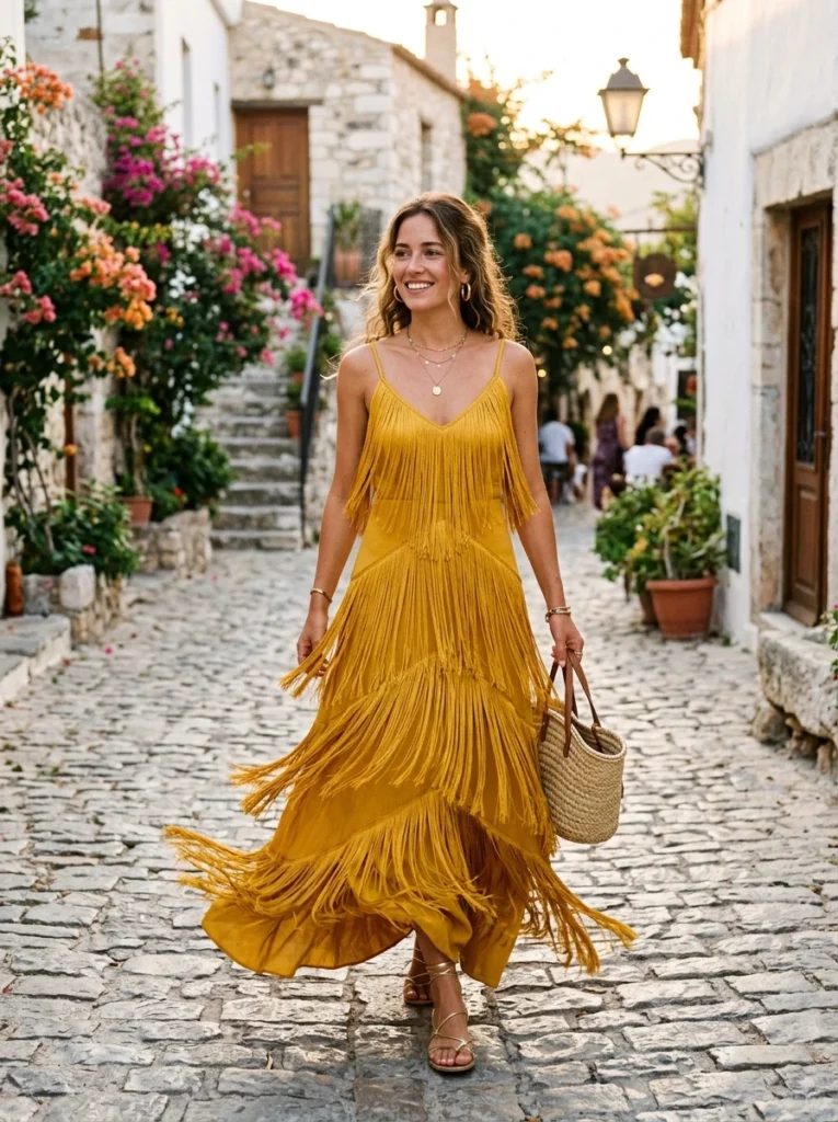 Mustard Yellow Long Fringe Maxi Dress