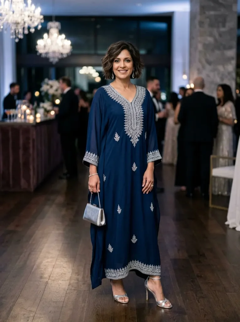 Navy Blue Kaftan With Silver Embroidery