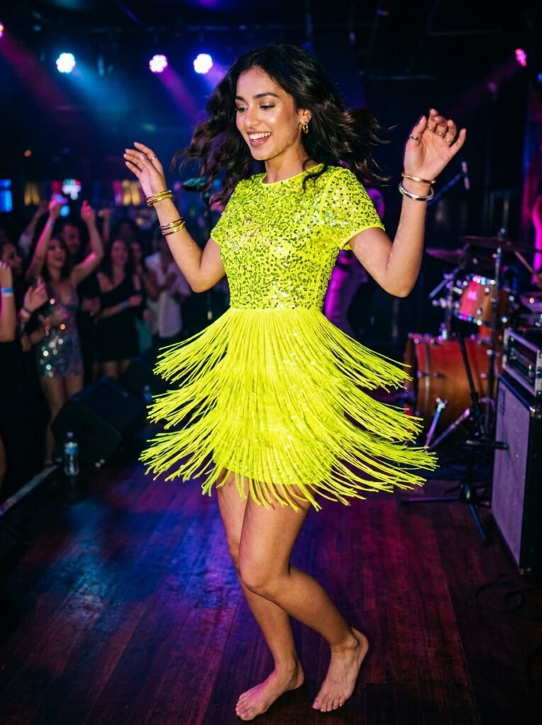 4. Neon Yellow Sequin and Fringe Dress