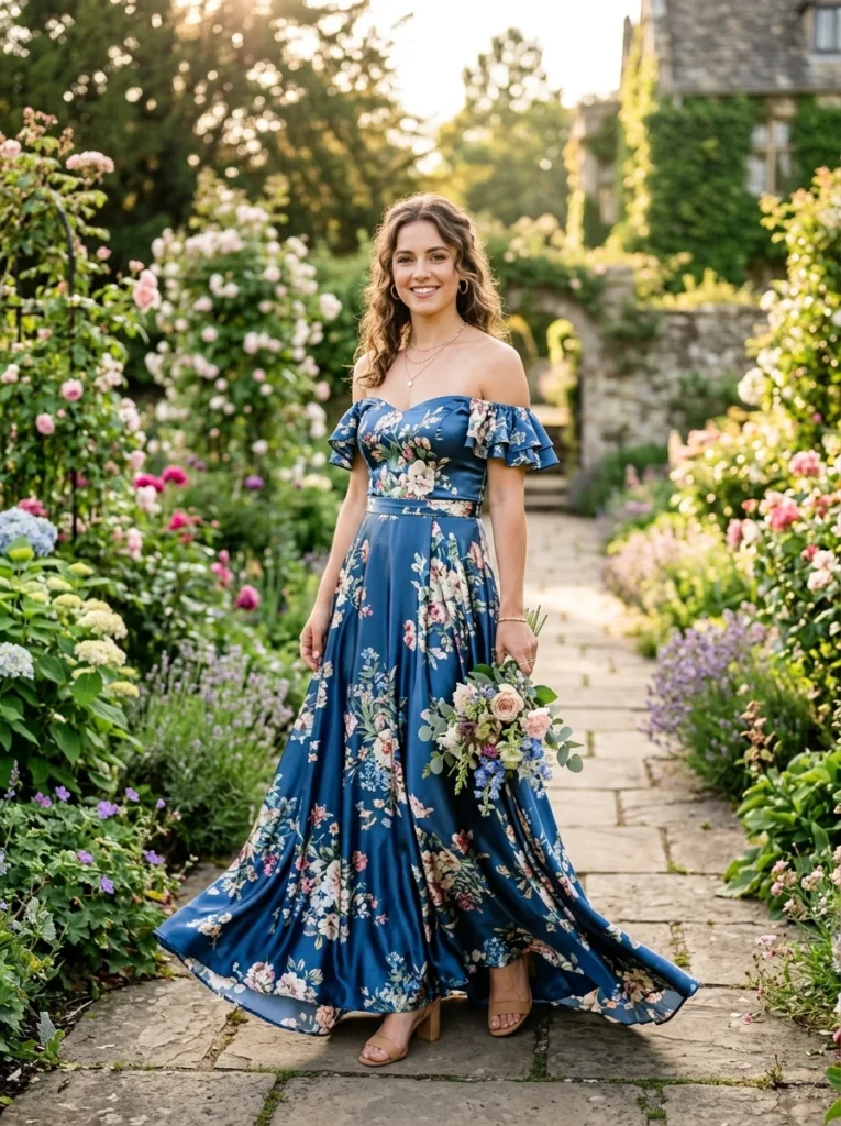 Off-the-Shoulder Blue Floral Sat Dress