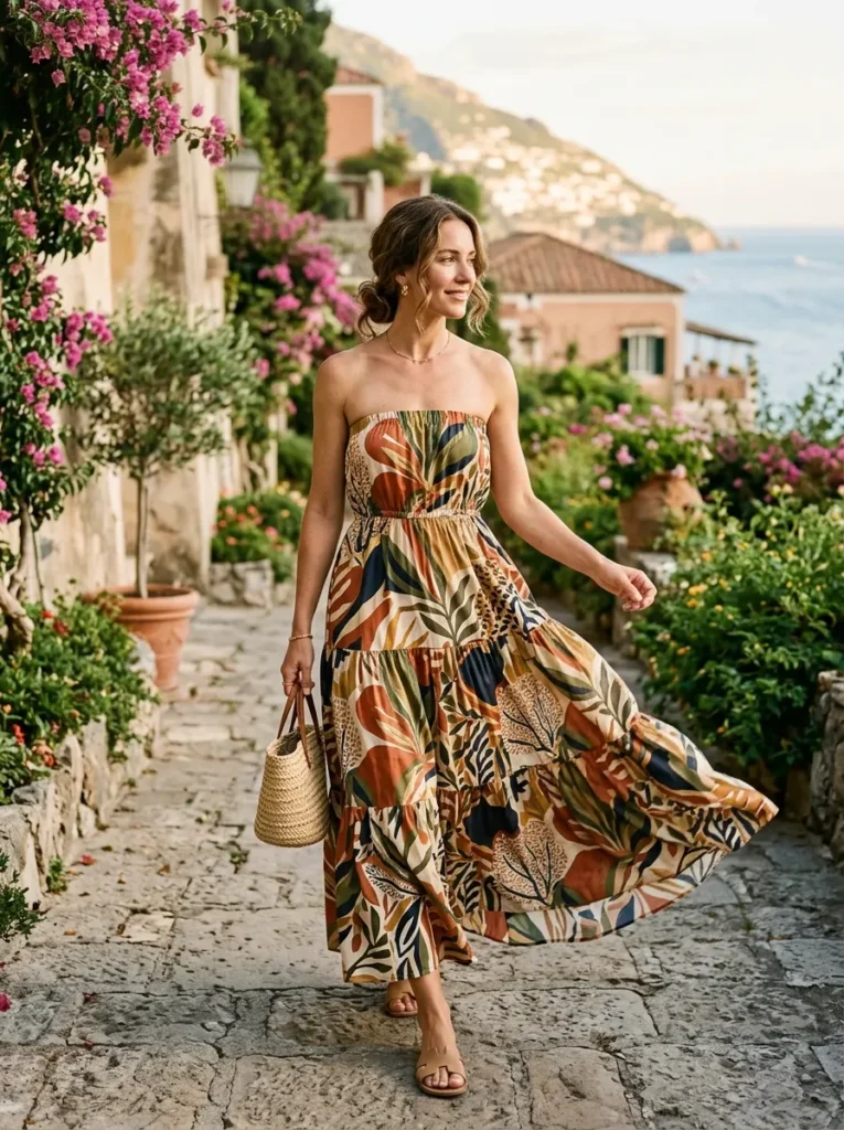 Printed Strapless Maxi Dress