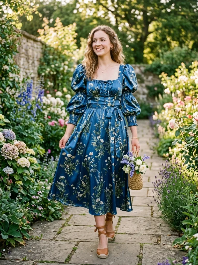 Puff Sleeve Blue Floral Sat Dress