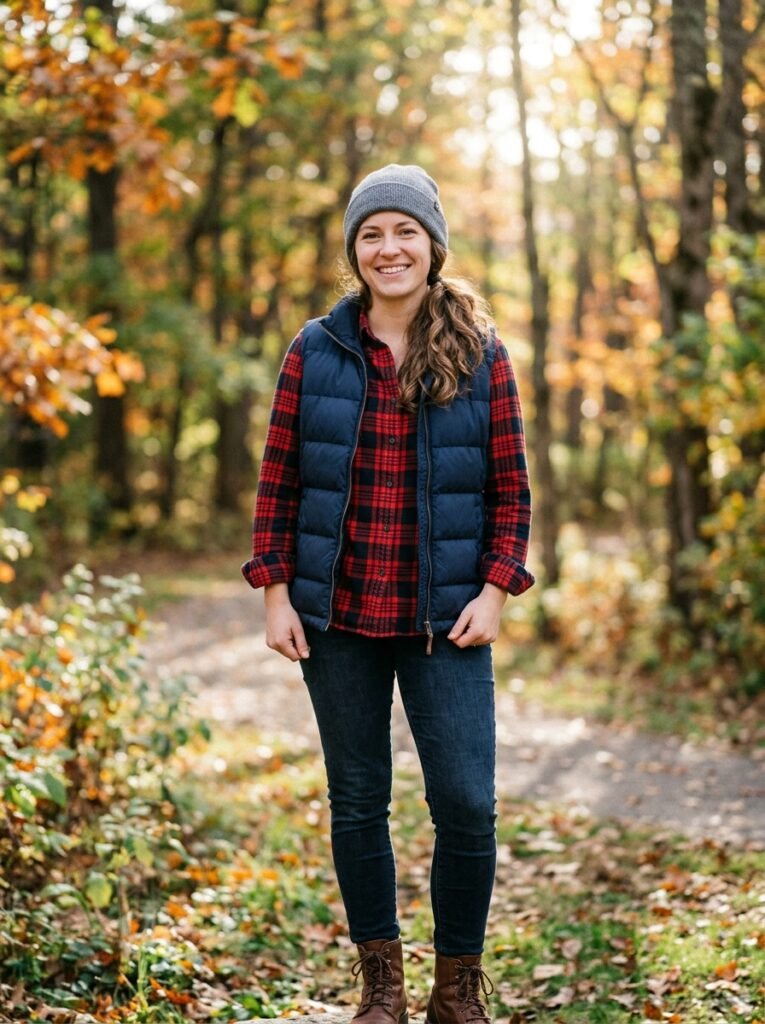 Puffer Vest over a Flannel Shirt