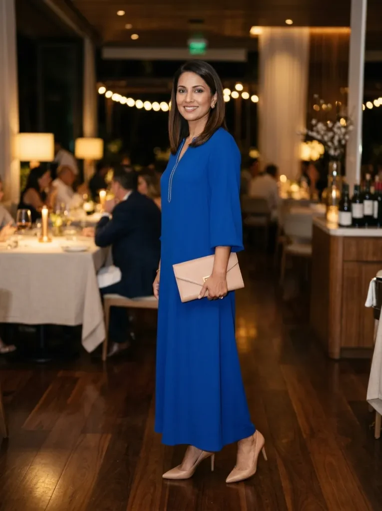 Royal Blue Kaftan With Minimal Jewelry