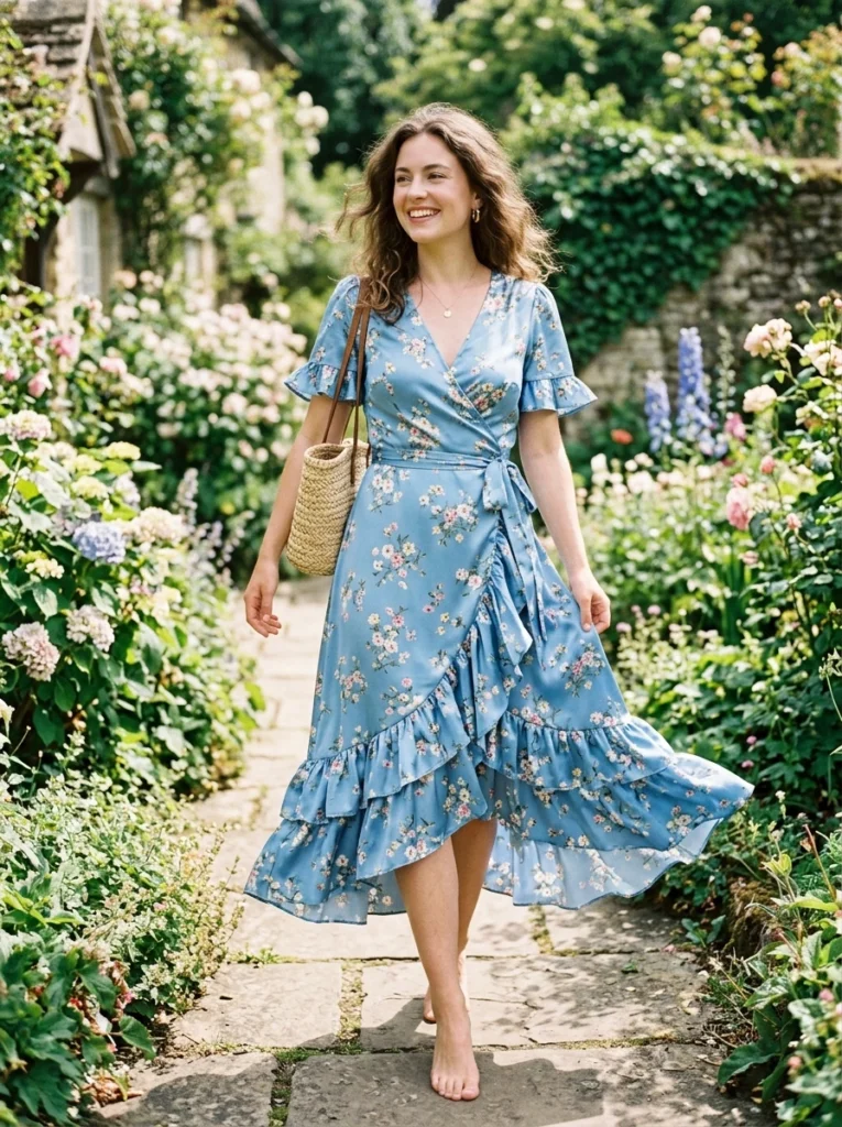 Ruffled Hem Blue Floral Sat Dress