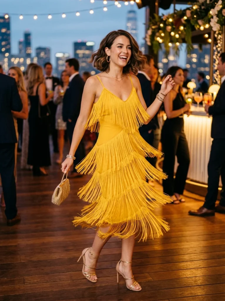 Saffron Yellow Fringe Cocktail Dress