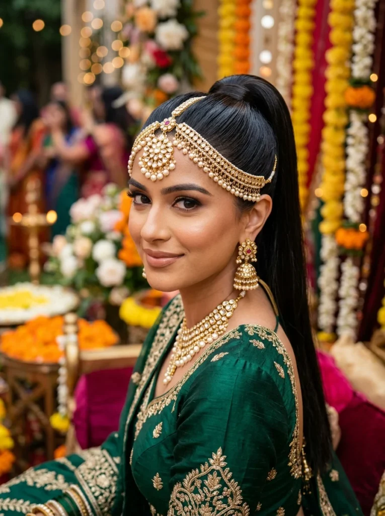 . Sleek High Ponytail with Statement Matha Patti