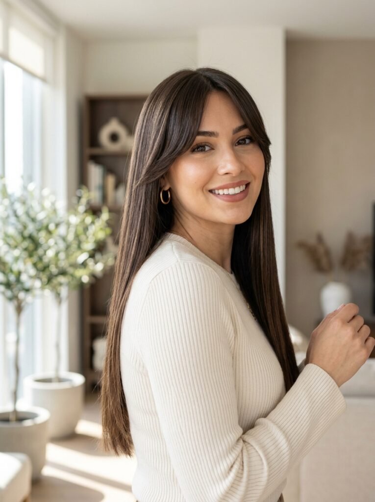 Sleek Long Curtain Bangs with Straight Hair