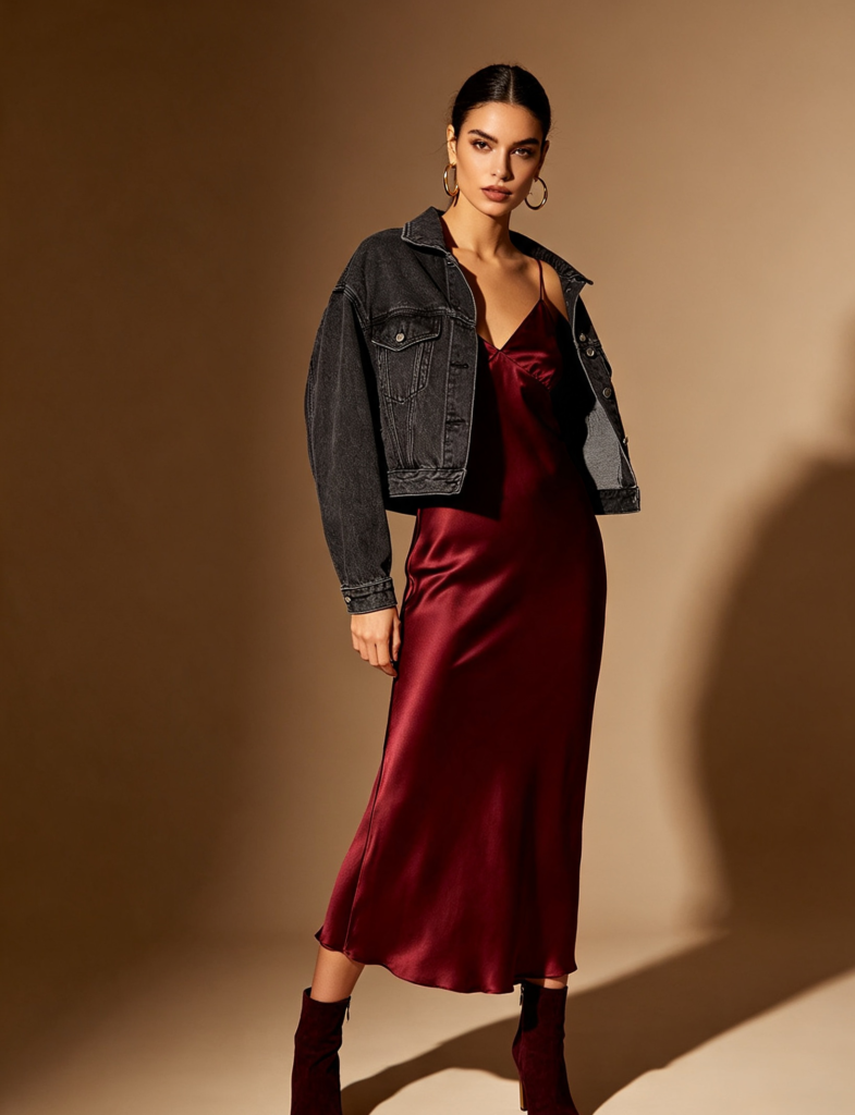 Slip Dress with Layered Denim Jacket