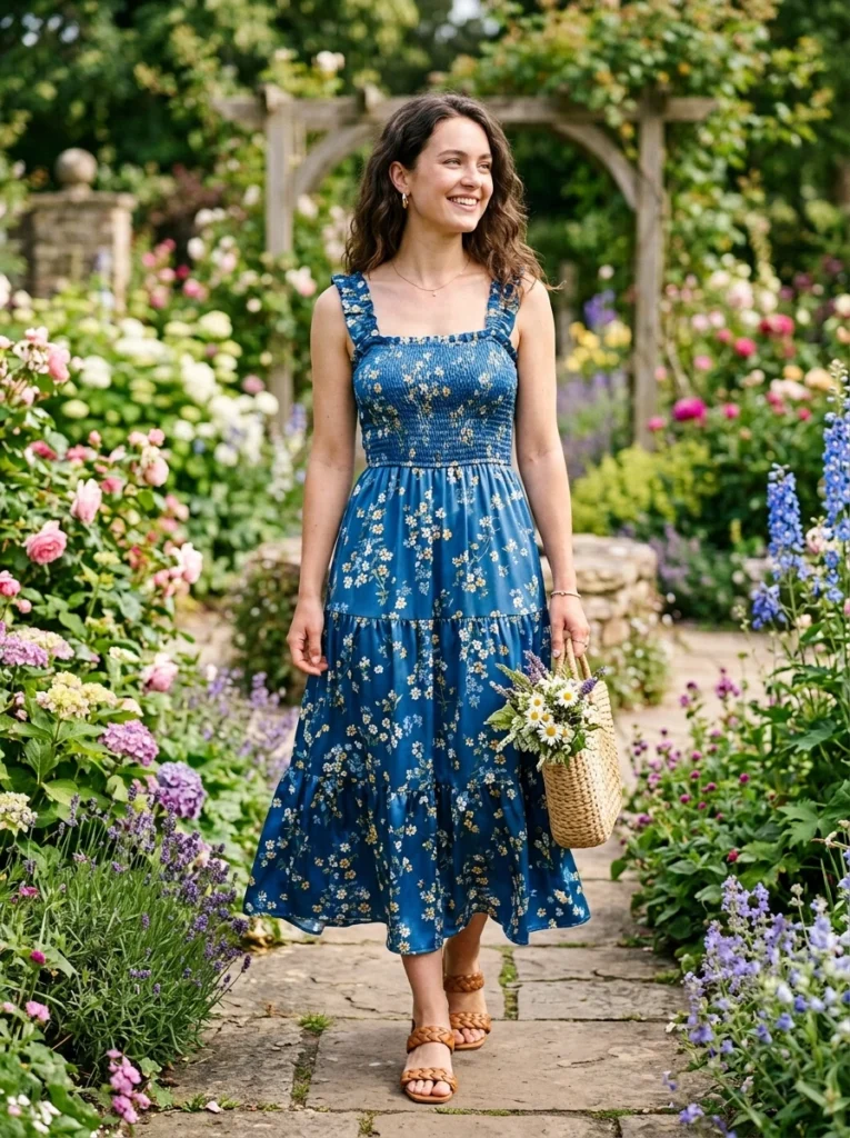 Smocked Bodice Blue Floral Sat Dress