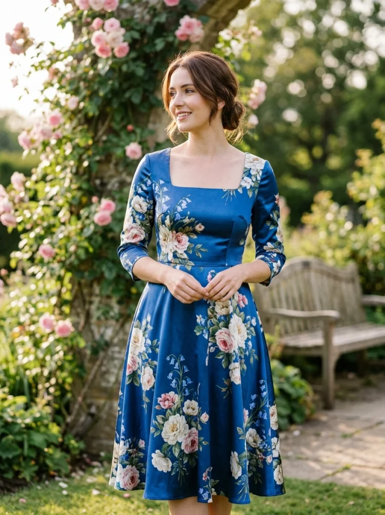 Square Neck Blue Floral Sat Dress