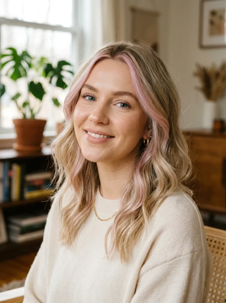 Subtle Pastel Pink Face-Framing Streaks