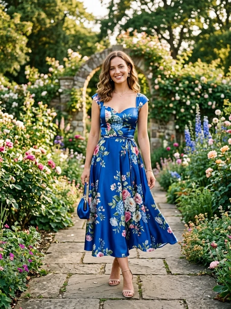 Sweetheart Neckline Blue Floral Sat Dress