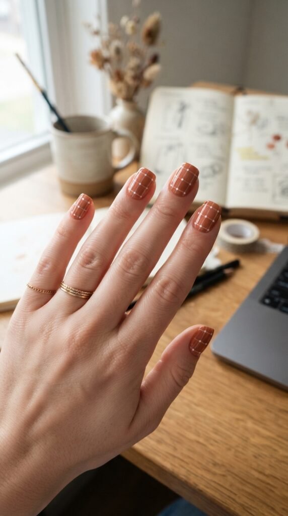Terracotta Grid Polka Dot Nail Art