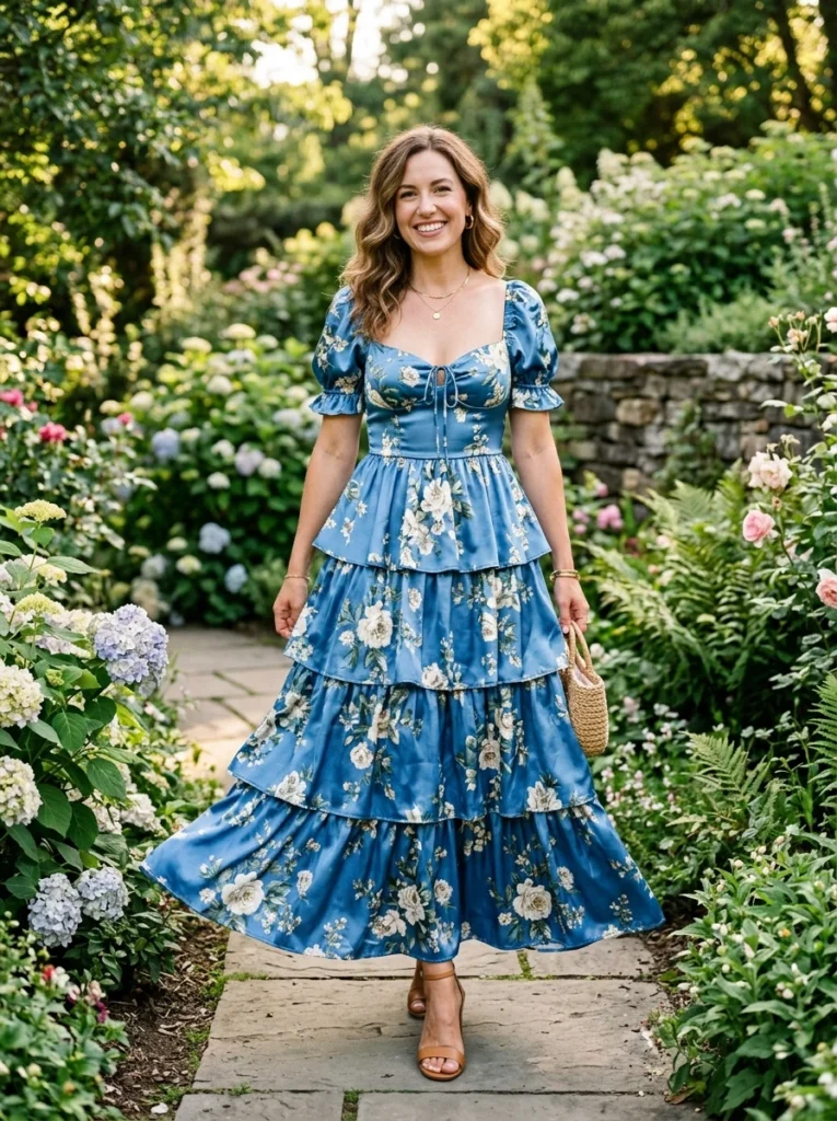 . Tiered Blue Floral Sat Dress