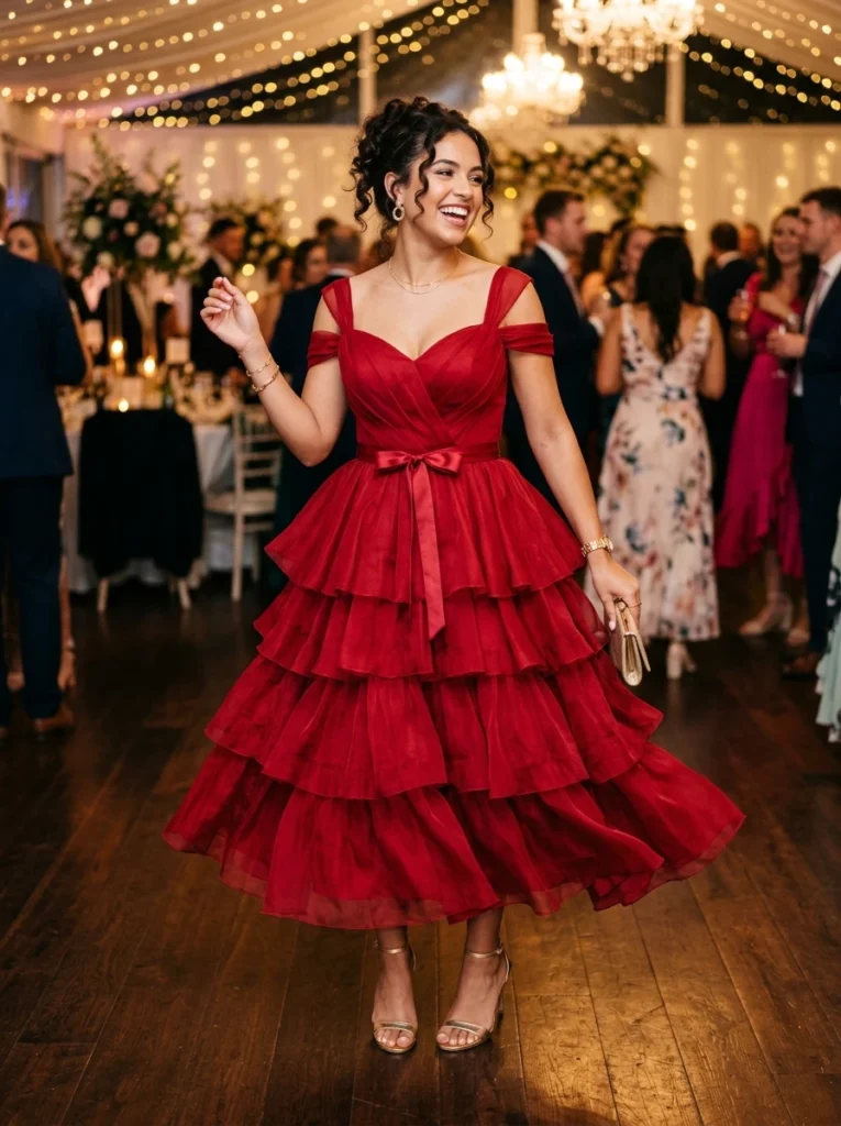 Tiered Ruffle Crimson Party Dress
