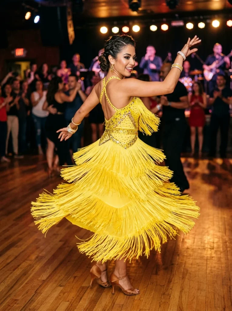 Tiered Yellow Fringe Latin Dance Dress