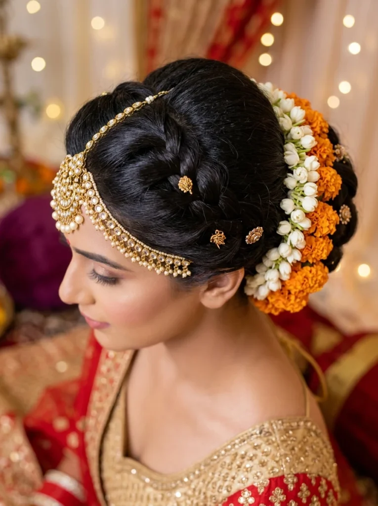 Traditional Low Bun with Fresh Red Roses