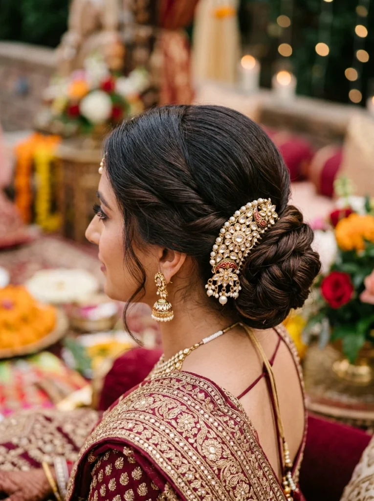 Twisted Low Chignon with Kundan Hair Comb