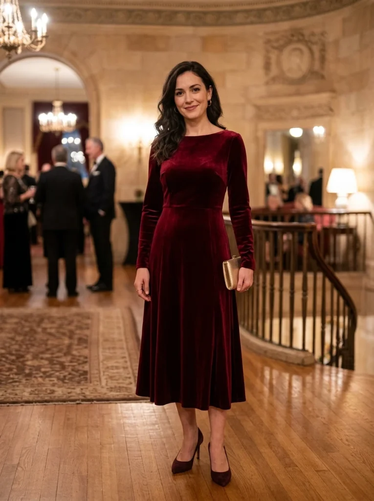 Velvet Crimson Long Sleeve Midi Dress
