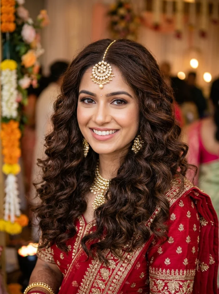 Voluminous Soft Curls with Maang Tikka