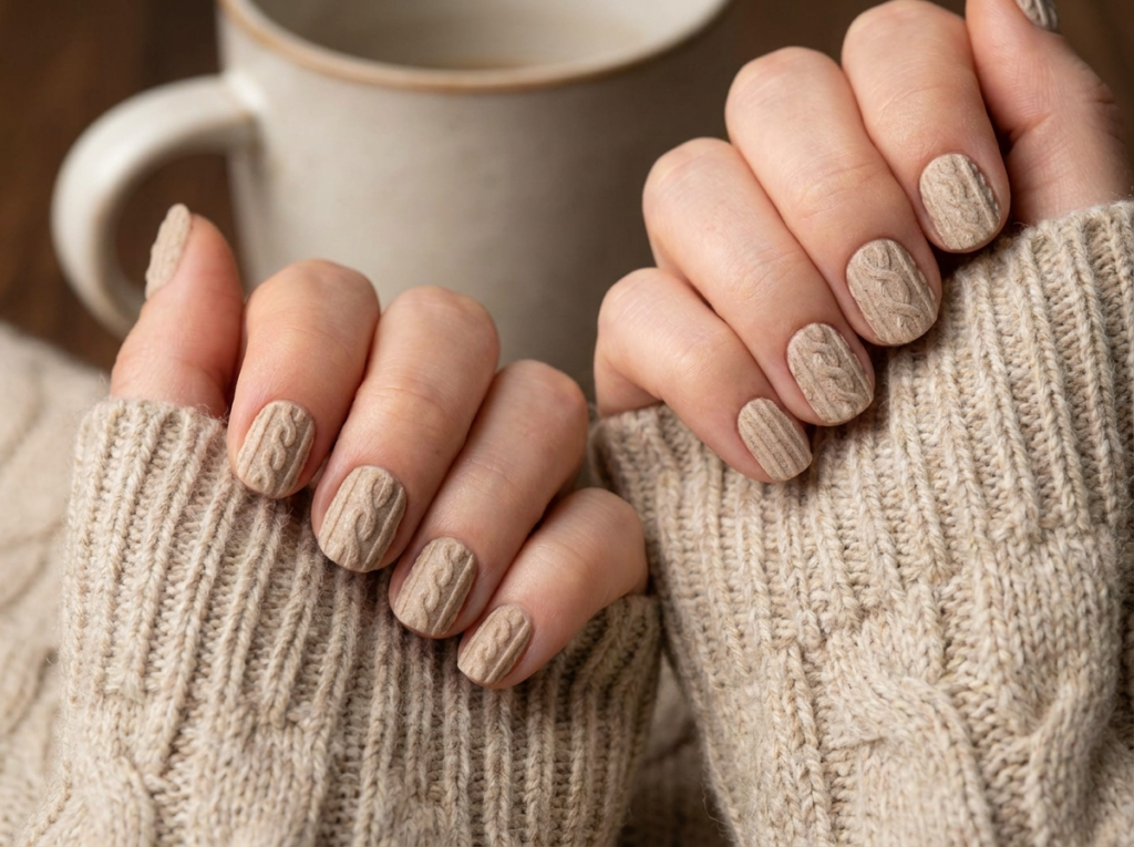 Warm Beige Sweater Nails