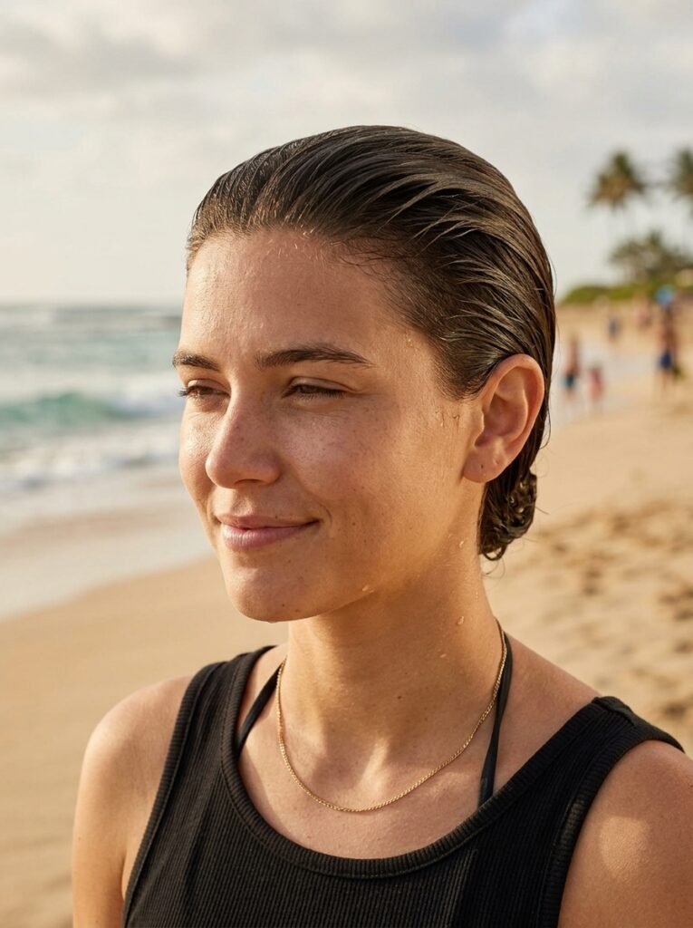 Wet-Look Slicked Back Beach Hairstyle