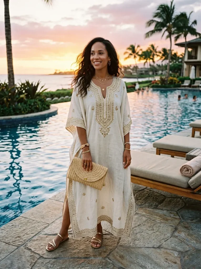 White Kaftan With Metallic Sandals