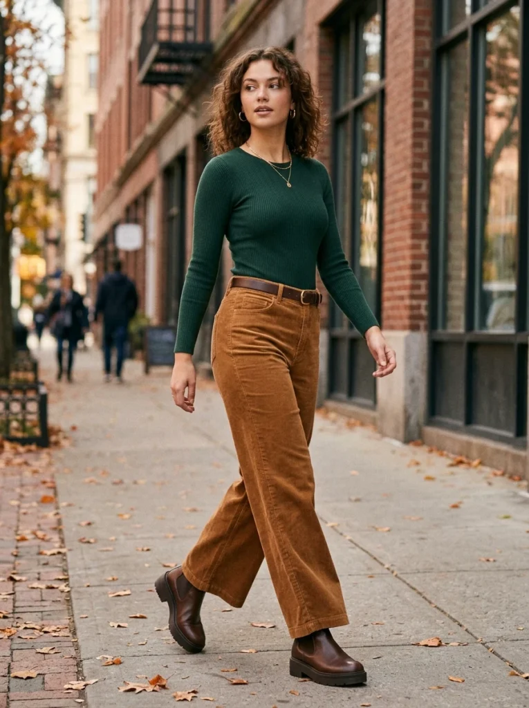 Wide-Leg Corduroy Pants and Fitted Bodysuit
