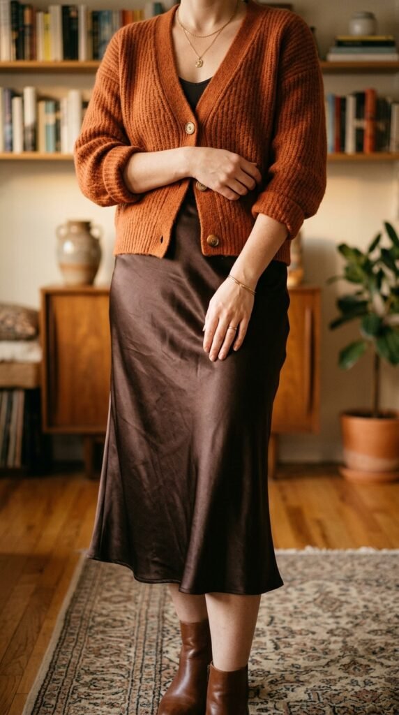 The Cardigan and Satin Slip Skirt Fall Outfit