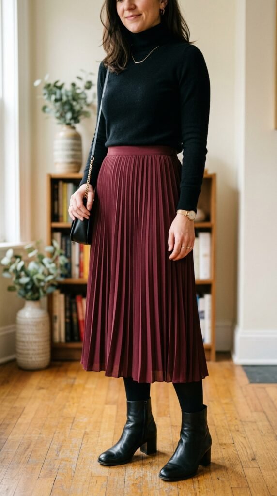 The Pleated Midi Skirt and Knee-High Boots Outfit