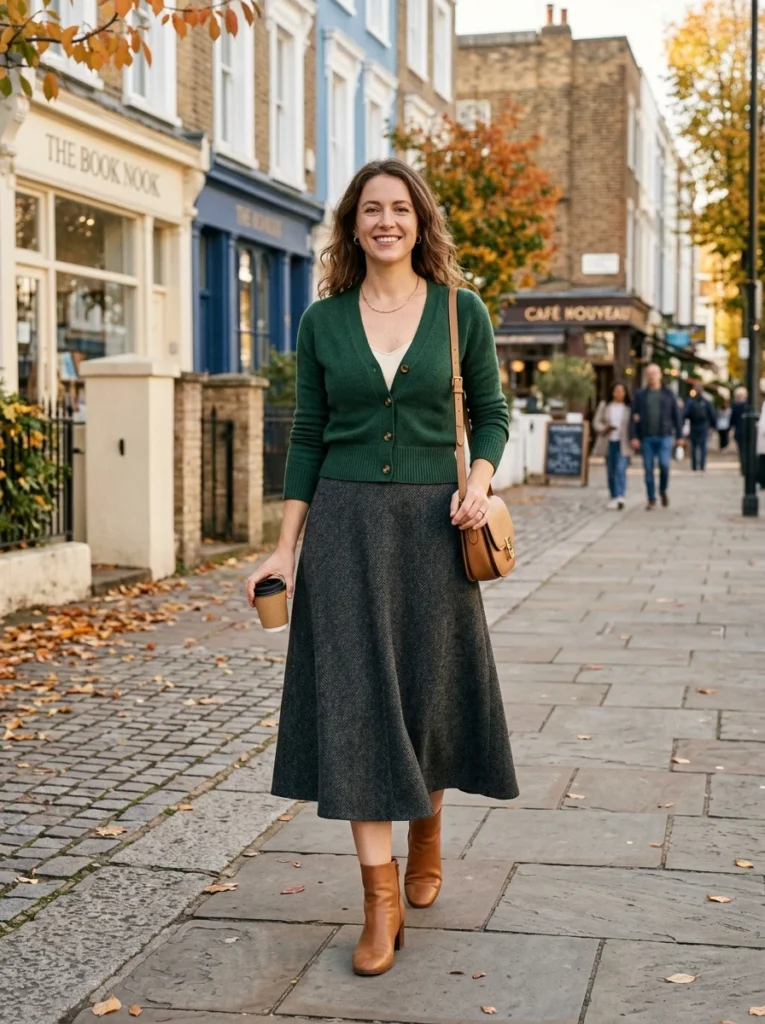 Wool Midi Skirt with a Fitted Cardigan