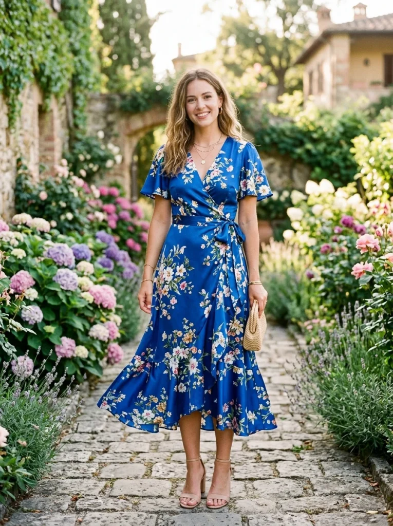 Wrap Style Blue Floral Sat Dress