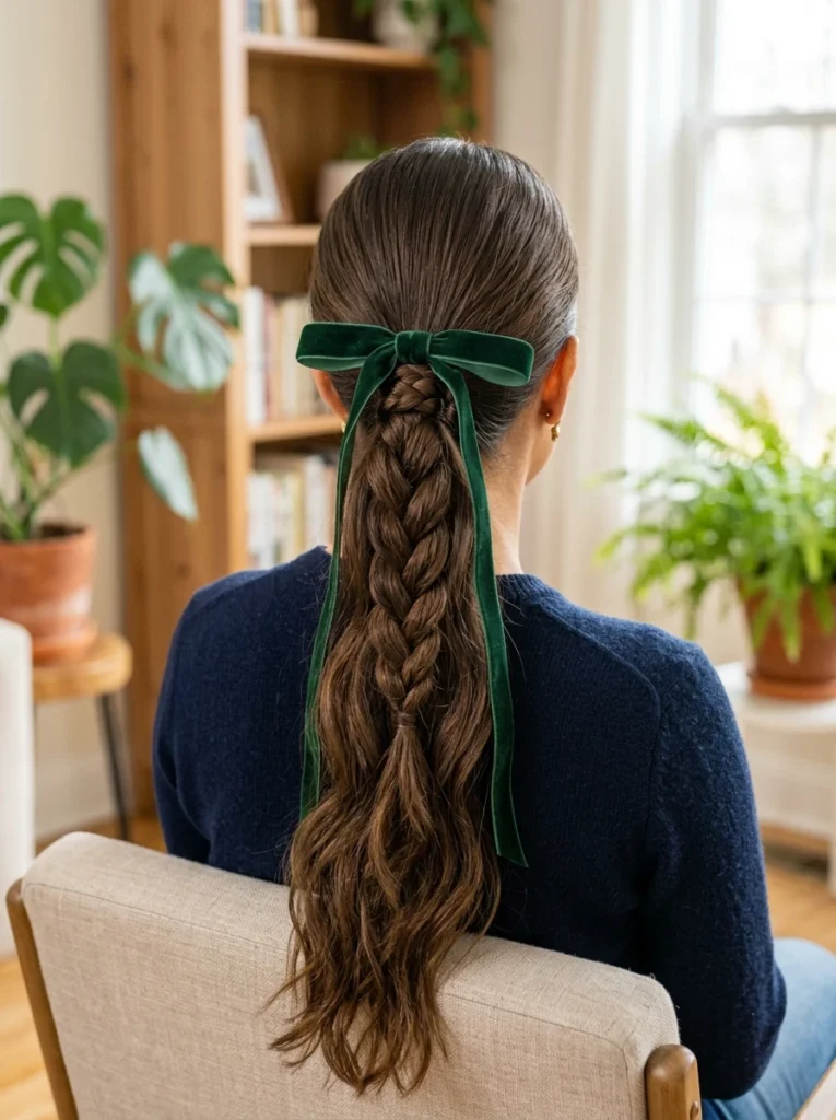 Wrapped Base Braid Ponytail with Ribbon