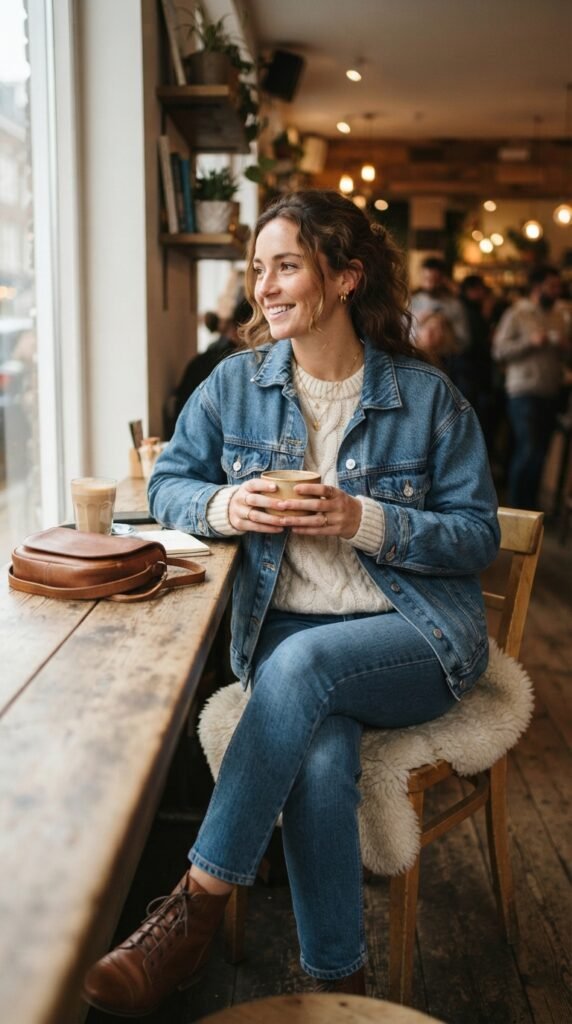 Denim Jacket With a Cream Sweater Outfit