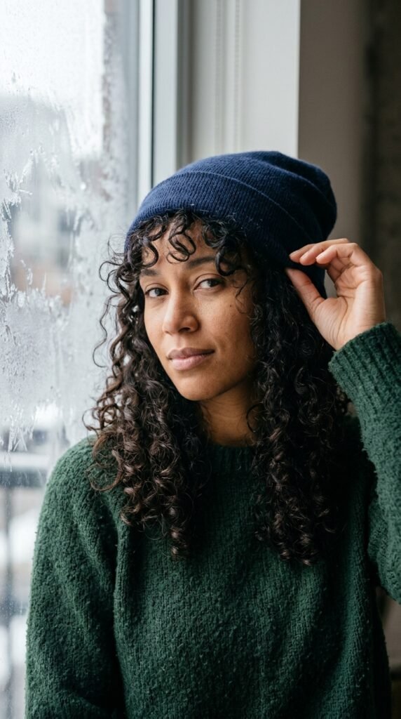 Loose Defined Curls Under a Slouchy Beanie
