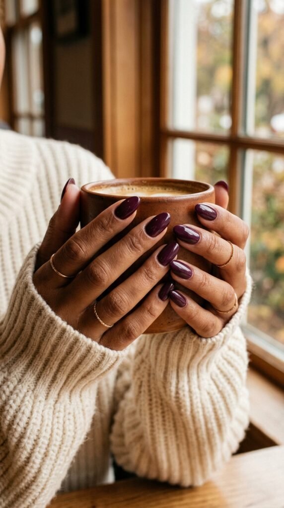 Glossy Plum Almond Nails for Everyday Fall