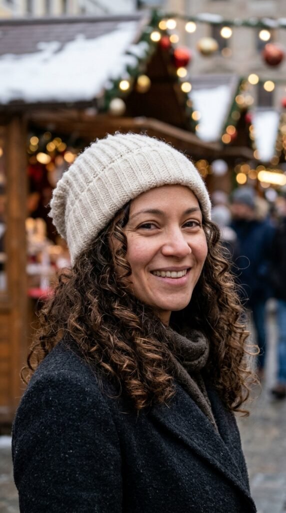 Loose side braid with curly hair and a beanie for a relaxed winter look.