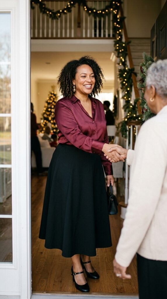 A Burgundy Blouse with a Black Midi Skirt