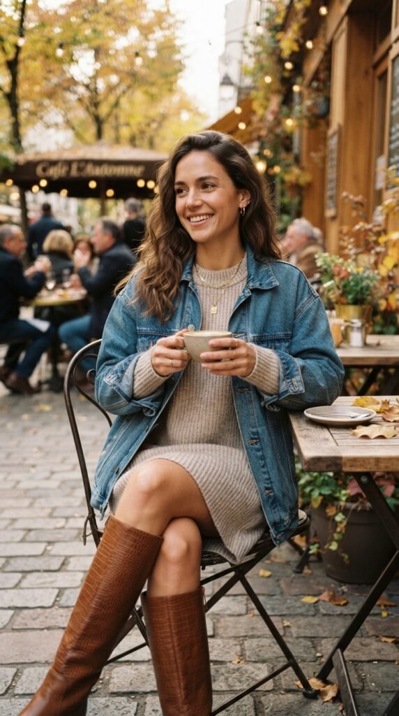 Denim Jacket With a Sweater Dress Outfit