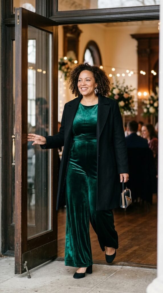 Wide-Leg Velvet Jumpsuit with a Statement Coat