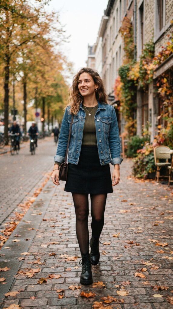 Denim Jacket With a Black Mini Skirt Outfit
